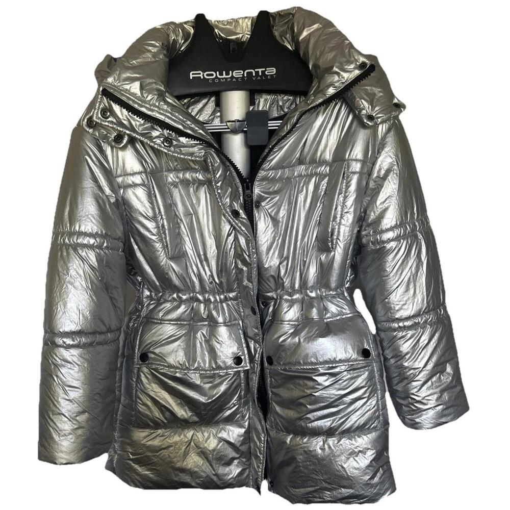 Urban Outfitters Oversized Silver Metallic Hooded Puffer Jacket Small FUTURISTIC - Picture 3 of 9